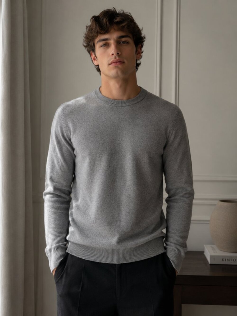 Bloomingdale's Men's Merino Wool Sweater Gray Crew Neck Medium 100% Wool